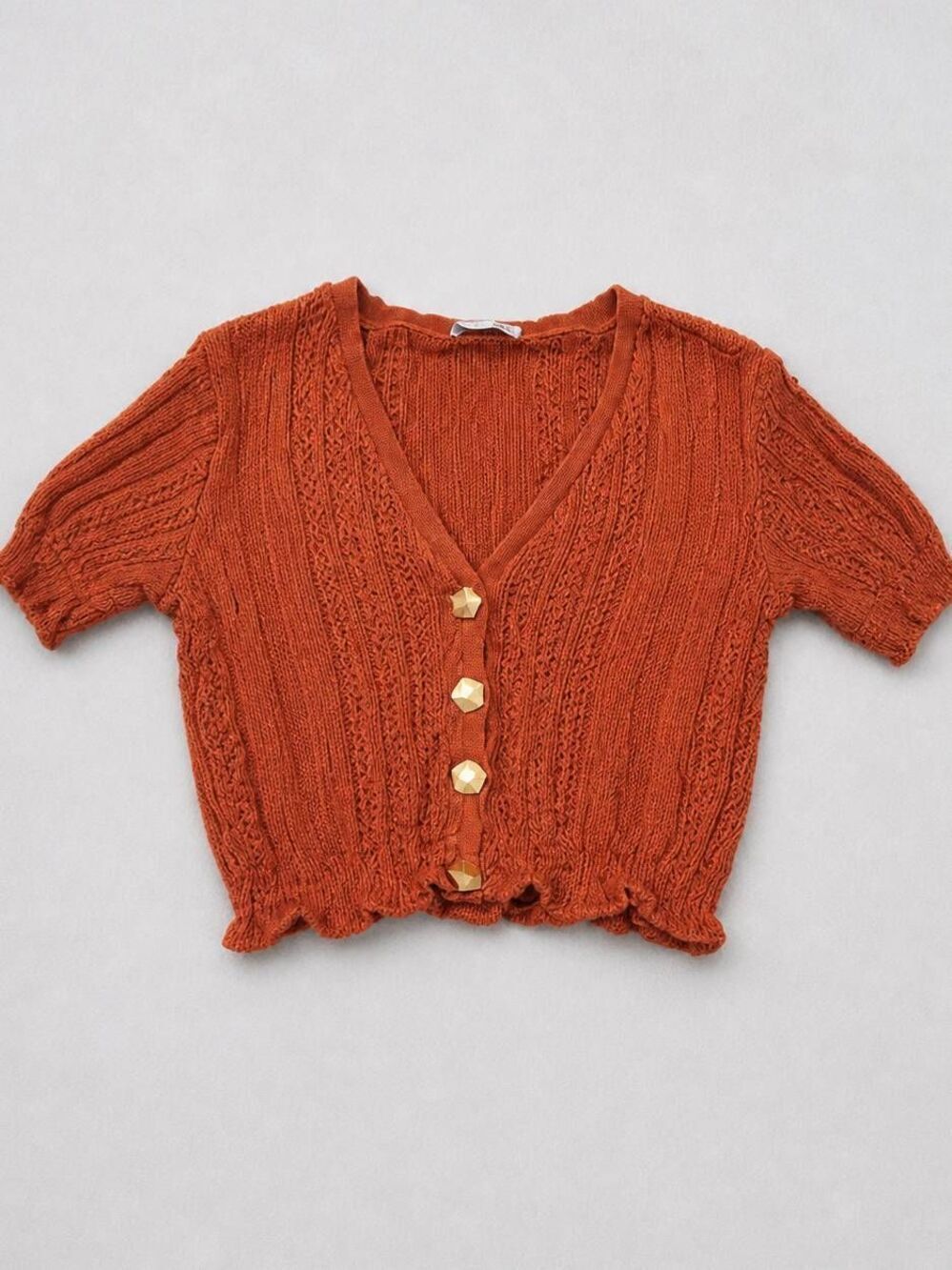 🔹️Zara Rust w/Decorative Gold Buttons Knit Crop Short Sleeve Sweater Top Medium